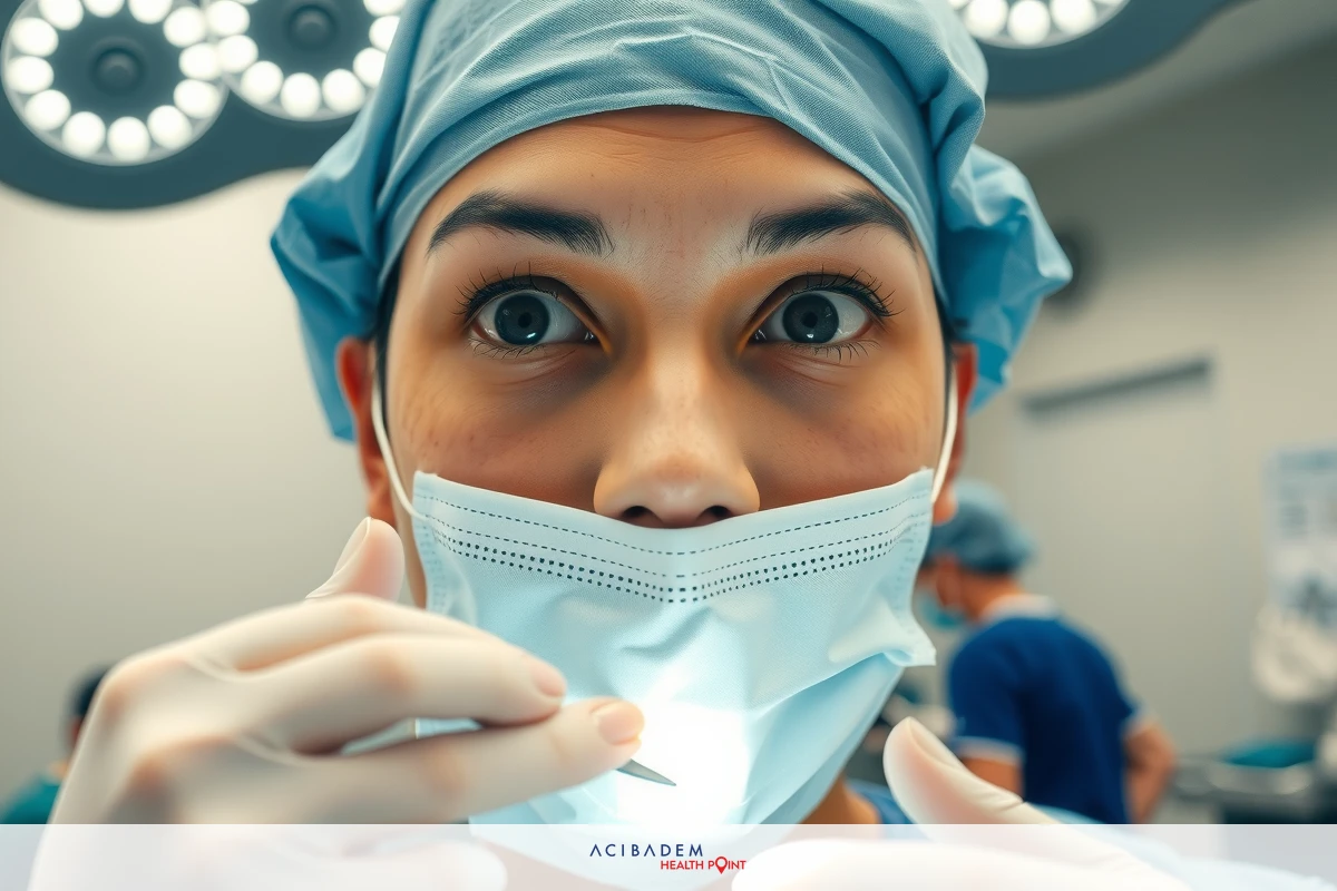 The image shows a medical professional wearing surgical attire. The individual is seated at a workstation with various pieces of equipment that are commonly used in an operating room, such as monitors and surgical instruments. The focus on the person's face suggests they might be preparing for or performing a surgical procedure. The setting is clinical and sterile, typical of a medical environment.