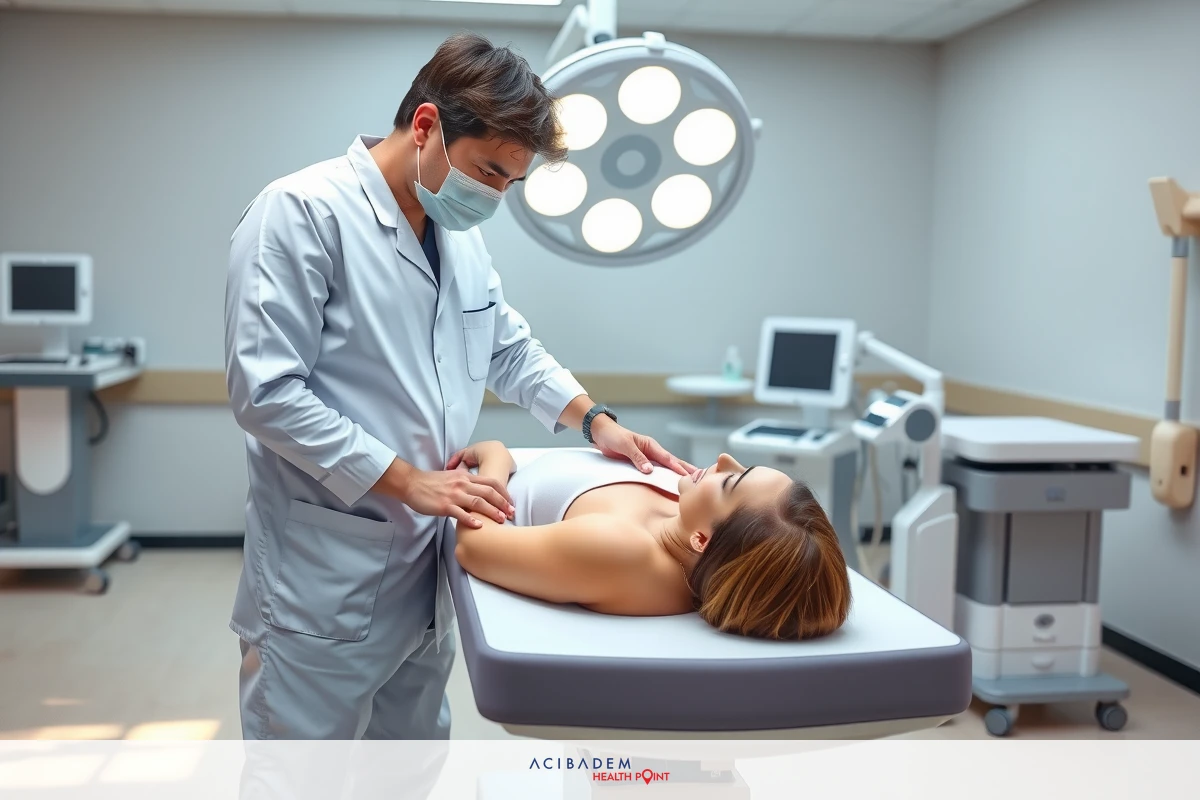 Medical setting with a doctor wearing protective gear examining a patient during a health check-up. The doctor's mask is white and they are dressed in sterile medical attire, indicating attention to hygiene and safety. The environment has clinical equipment and devices that support the healthcare process.