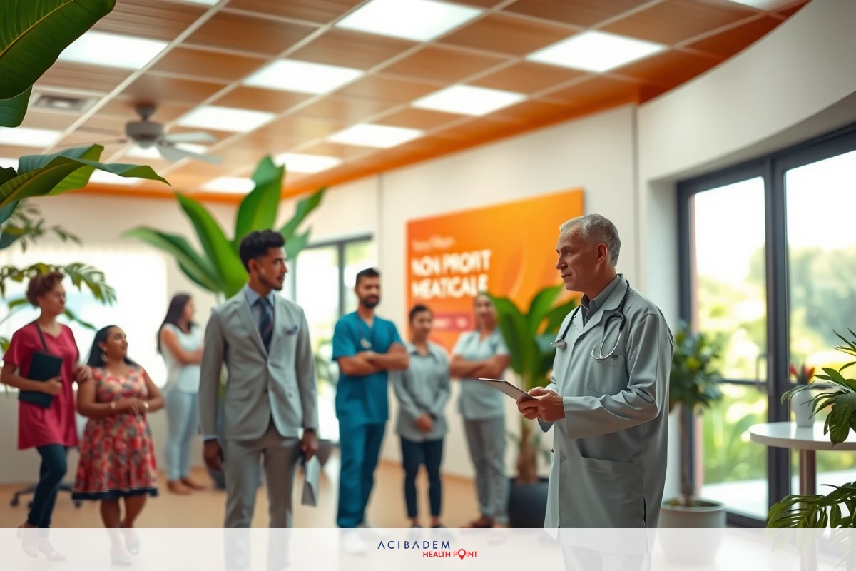 In a modern office setting, several professionals in medical attire are gathered around a man who is speaking. The environment includes potted plants and an open layout indicative of contemporary design.