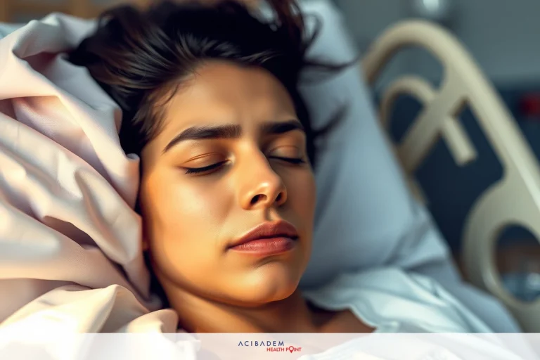 A woman laying in a hospital bed with her eyes closed, appearing to be asleep or resting. The room has medical equipment, suggesting she is in a clinical environment.