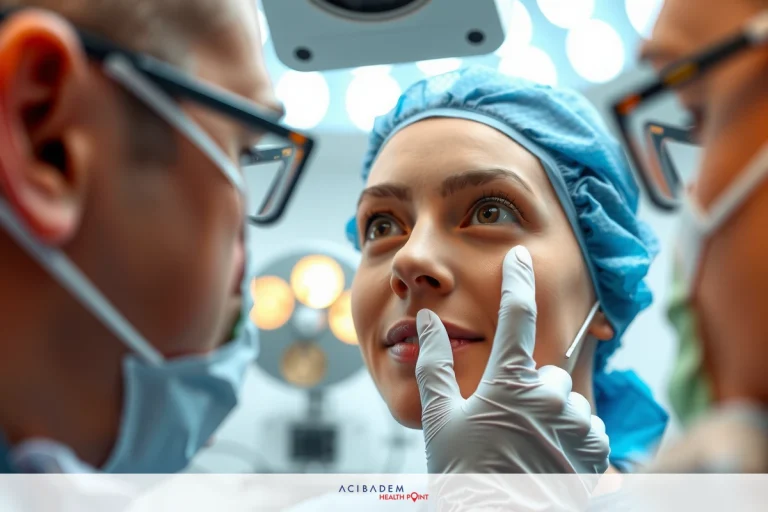 The image shows a medical setting with a team of doctors focused on examining and treating a woman's face. One doctor is directly interacting with the patient, likely performing an examination or procedure.