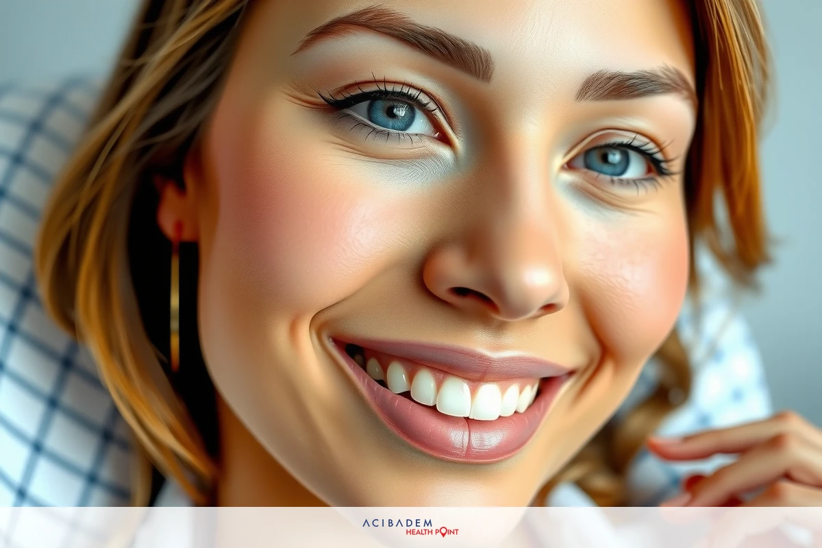 A young woman is smiling at the camera, with her eyes closed. She has blonde hair and light makeup. The background is softly focused and neutral-toned, suggesting a calm indoor setting.