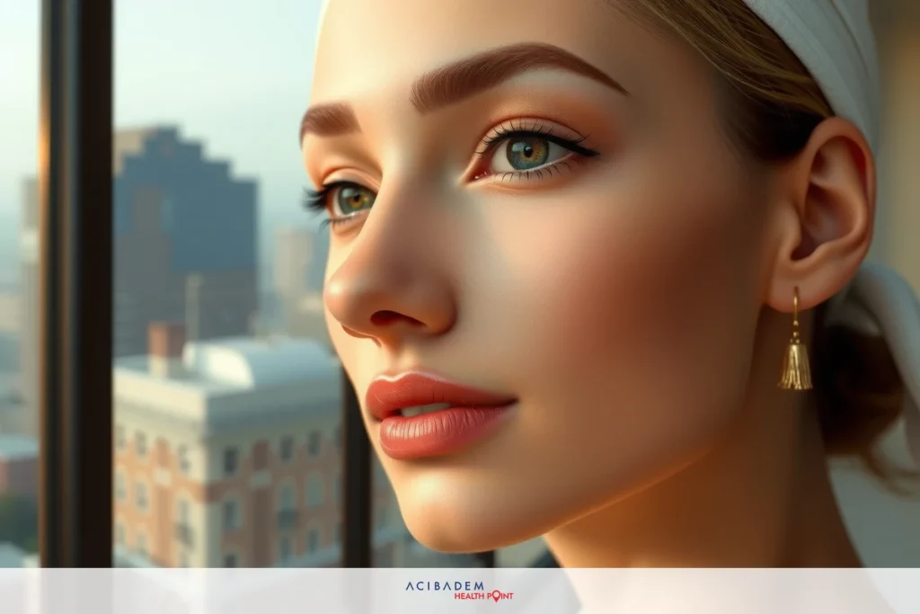 When Can You Wear Makeup After Rhinoplasty The image shows a close-up of a person looking out of a window with city buildings in the background. The individual has a neutral expression and is wearing makeup, including eyeliner and lipstick.