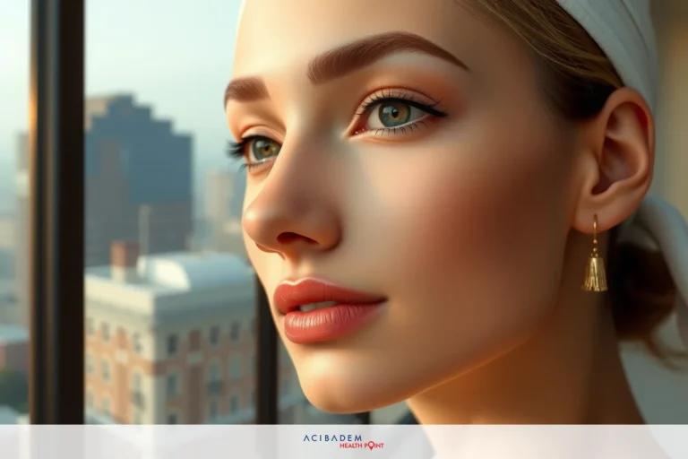The image shows a close-up of a person looking out of a window with city buildings in the background. The individual has a neutral expression and is wearing makeup, including eyeliner and lipstick.