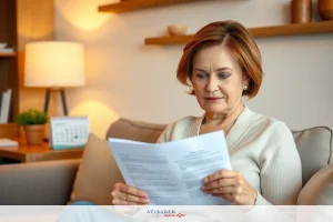 The image shows a woman sitting on a couch indoors, reading what appears to be a piece of paper or document. She is wearing casual clothing and seems focused on the text in front of her. The room has modern decor with wooden furniture, and there are various household items around.