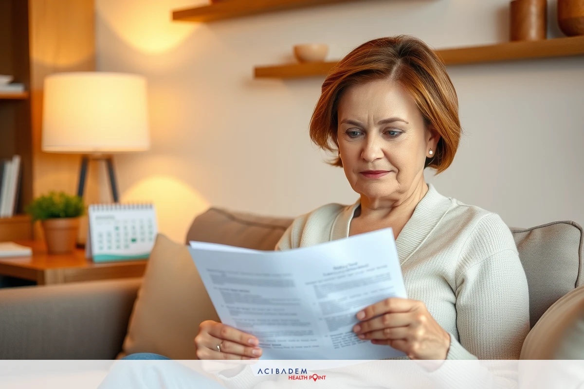 The image shows a woman sitting on a couch indoors, reading what appears to be a piece of paper or document. She is wearing casual clothing and seems focused on the text in front of her. The room has modern decor with wooden furniture, and there are various household items around.