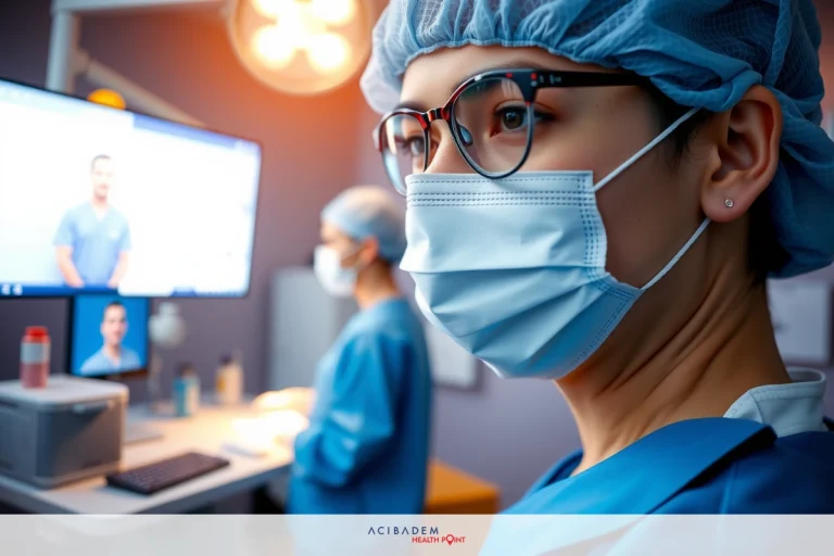 The image shows two medical professionals wearing surgical masks and gowns in a modern medical operating room. The background includes monitors displaying images of patient scans.