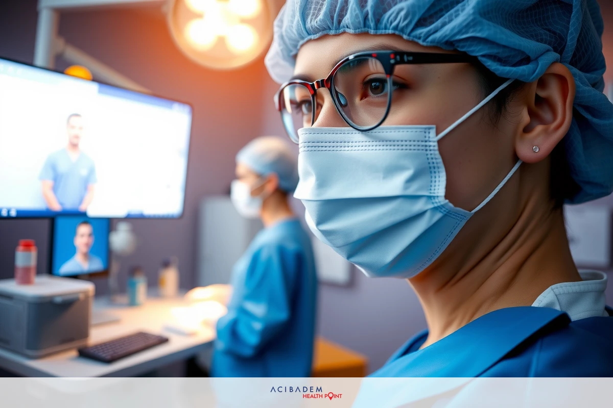 The image shows two medical professionals wearing surgical masks and gowns in a modern medical operating room. The background includes monitors displaying images of patient scans.