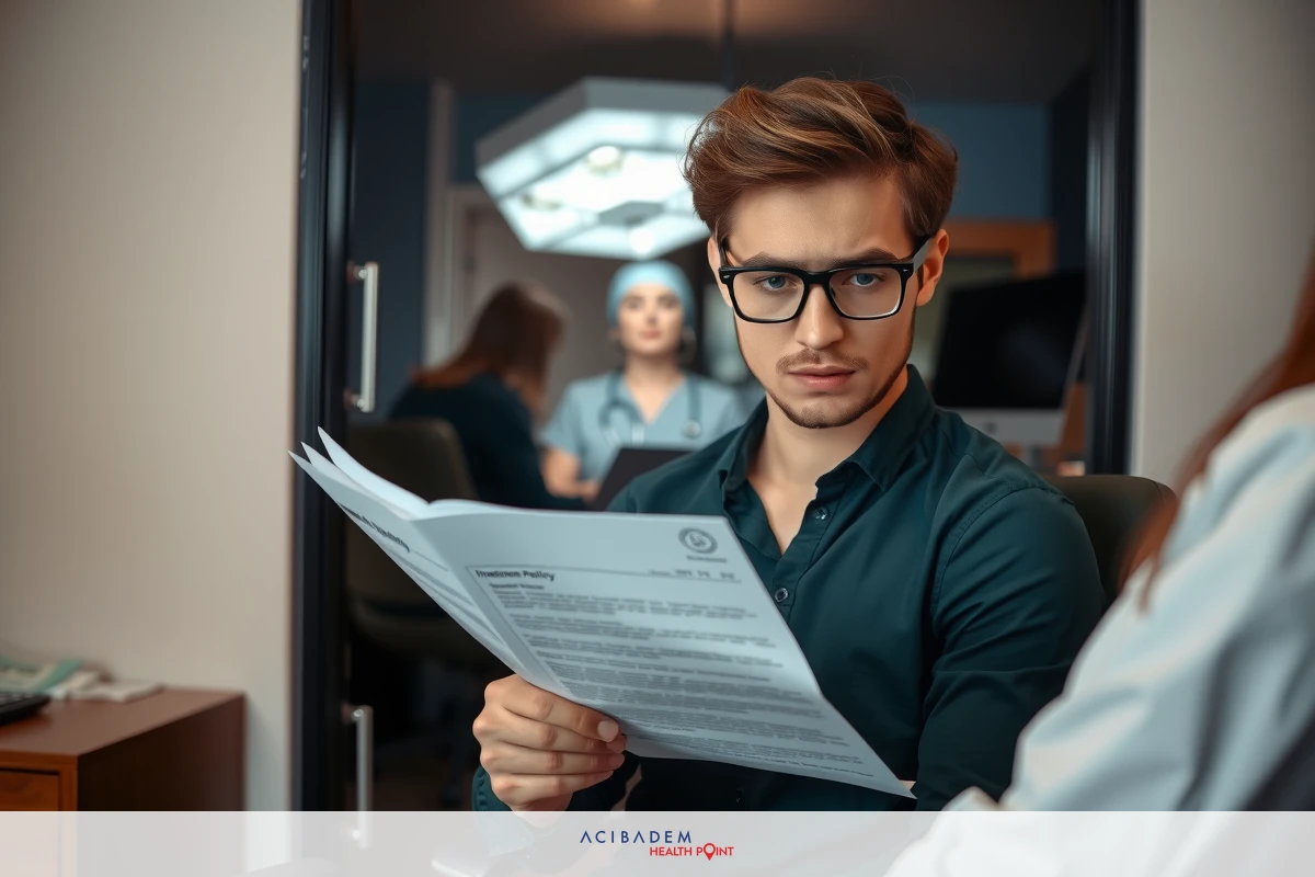 The image depicts a man sitting at a desk, dressed in business attire, with his hands holding papers. He is focused on reading the document, while another individual in a medical uniform stands beside him, suggesting a professional or office setting.