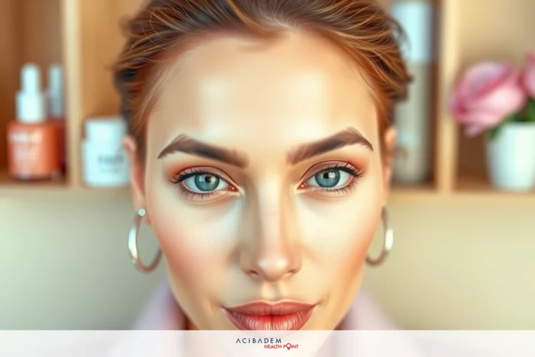 How to Fix a Crooked Nose Without Rhinoplasty The image is a portrait of a woman with fair skin, blue eyes, and red lipstick. She has blonde hair and is wearing large hoop earrings. The background includes shelves with various bottles and a vase with pink flowers.