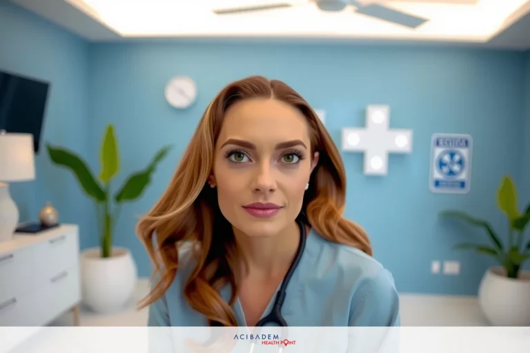 A female doctor in a blue uniform, sitting at a desk with medical equipment and plants around her. She is looking at the camera.