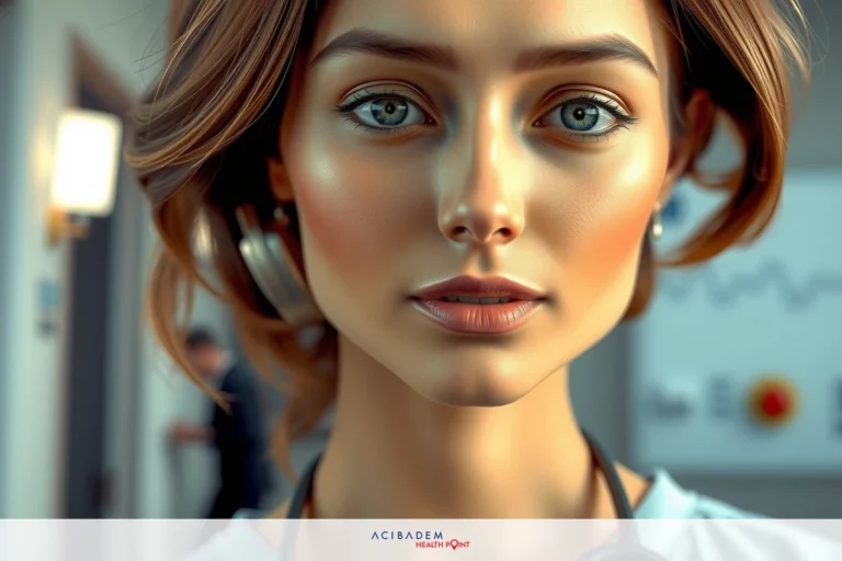 How to Fix the Crease Under Nose After Rhinoplasty The image features a close-up of a woman's face. Her makeup is detailed, showcasing eyeshadow and lipstick that complement her fair skin tone. The woman has blonde hair styled in loose waves.