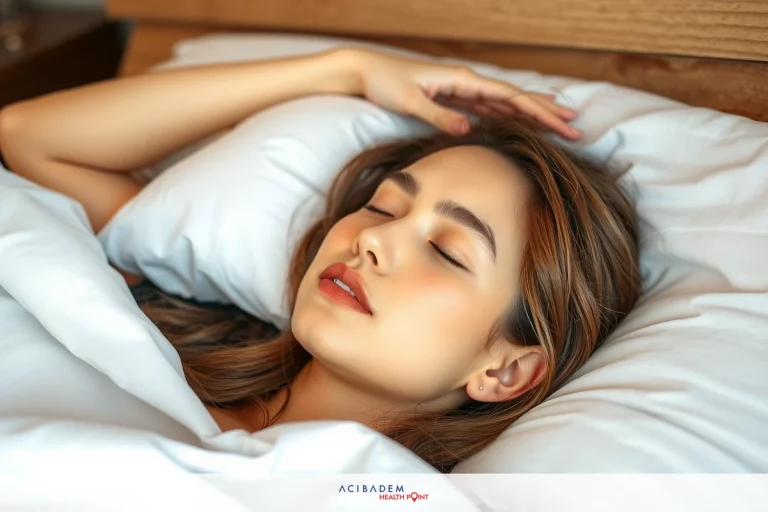 When Can I Start Sleeping on My Side After Rhinoplasty The image depicts a woman in bed, lying on her back with eyes closed and hands placed underneath her head. She appears to be at rest or possibly sleeping, as indicated by the peaceful expression on her face and the relaxed posture.