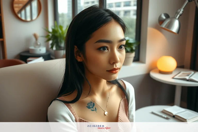 The image shows a woman with long hair and a tattoo on her left shoulder, sitting in an indoor setting. She is wearing a light-colored top and has a contemplative expression.