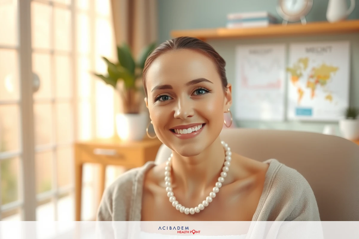 A woman is seated at a desk in front of a window. She is smiling and appears to be engaged in conversation. The room has a professional yet comfortable ambiance with various items such as books, papers, and decorative items indicating a personal workspace.