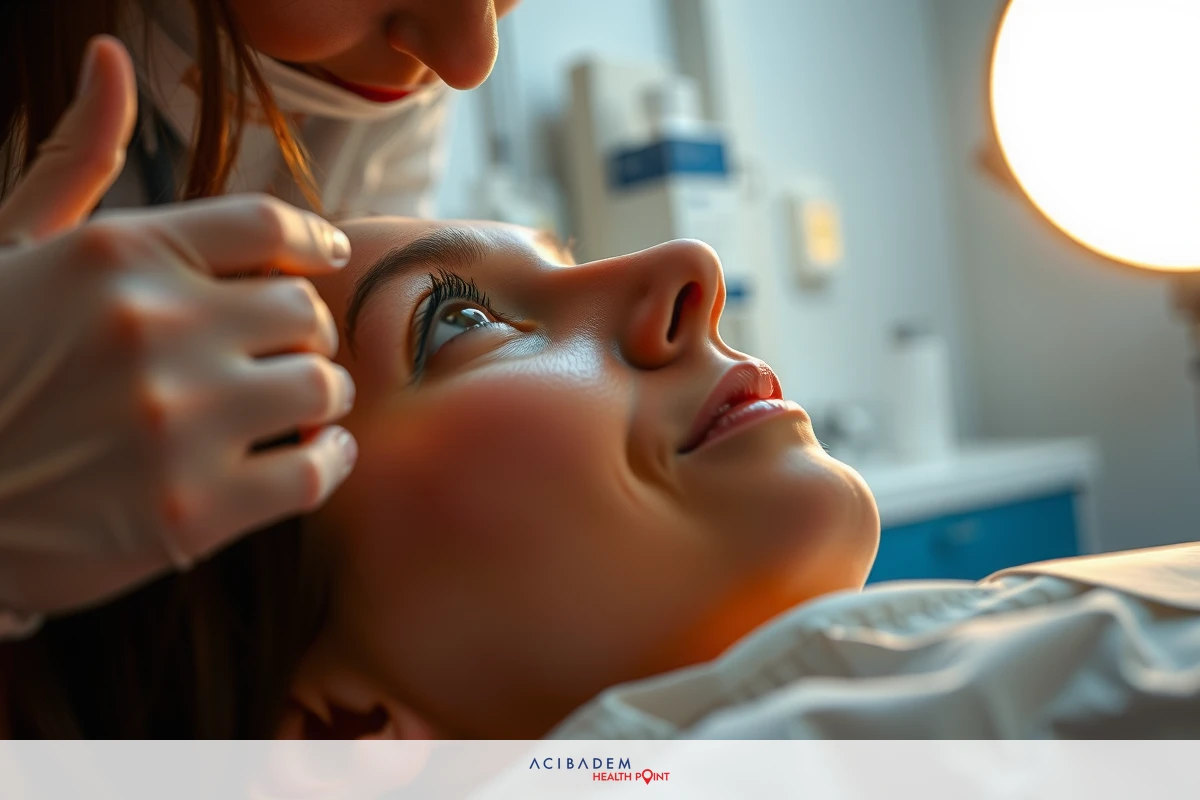 Close-up of a person receiving a cosmetic service from a beauty professional. The woman is seated in a chair with her head tilted back, allowing the stylist to work on her hair or makeup.