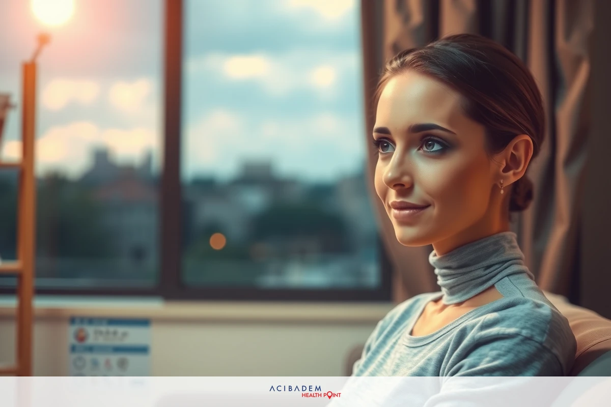 The image features a young woman seated in what appears to be an office setting during sunset. She is wearing a gray top and has her hair pulled back. Her expression is neutral, and she seems to be looking towards the viewer. The room contains a desk with some papers on it and a window overlooking buildings in the distance.