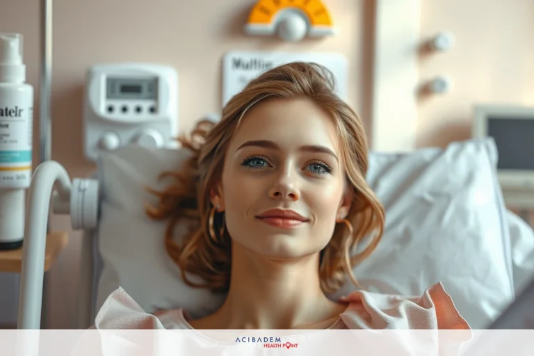 When Can You Drive After Rhinoplasty The image shows a woman lying in a hospital bed, smiling. She appears to be receiving medical attention or being examined by healthcare professionals. The environment suggests a clinical setting with medical equipment visible around her.