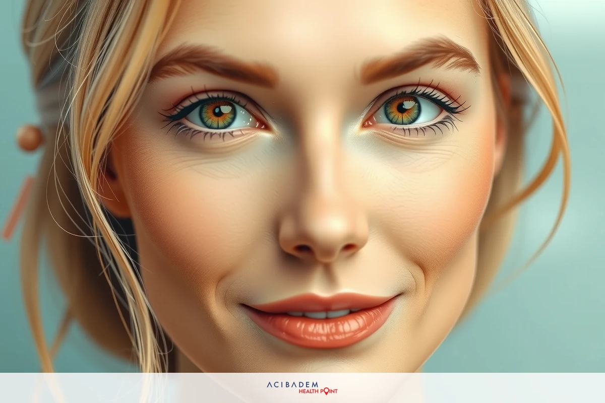 The image features a close-up portrait of a woman's face. She has light blonde hair and her skin is fair, with noticeable cheekbones. Her eyes are brown and she has thin eyebrows.