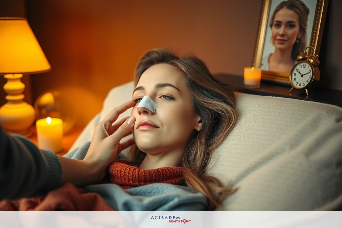 The image depicts a woman lying on a bed, receiving treatment for her nose. Another person is applying a compress to her face. The environment appears calm and focused on comfort and healthcare.
