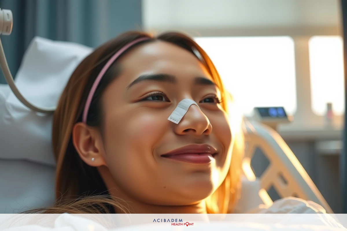 The image features a woman in a hospital bed with her head elevated by pillows. She has a bandage on her nose and appears to be recovering from surgery or a medical procedure, as indicated by the presence of a tube and monitoring equipment connected to her. Her expression is one of relief and gratitude, suggesting that she is feeling better following intervention.