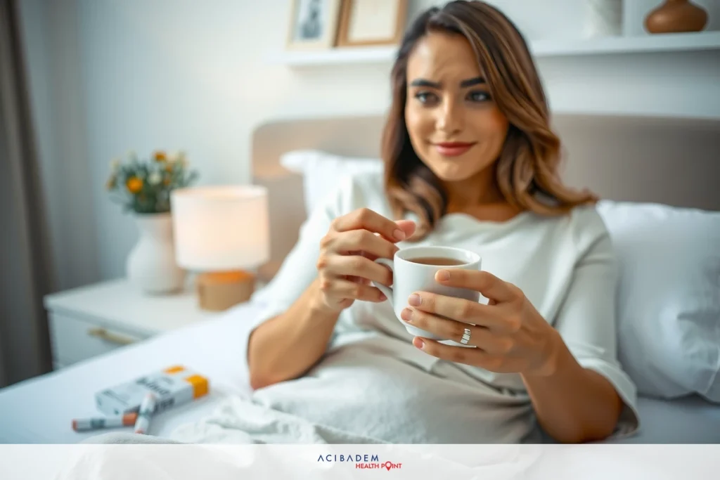Can I Smoke a Week After Rhinoplasty The image shows a woman comfortably lying down on a bed with white sheets and a soft throw blanket. She is holding a cup of coffee, which she seems to be sipping while enjoying her relaxation time.