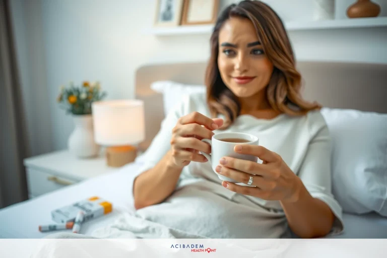 The image shows a woman comfortably lying down on a bed with white sheets and a soft throw blanket. She is holding a cup of coffee, which she seems to be sipping while enjoying her relaxation time.