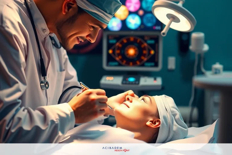 Image depicts a medical surgical procedure. A surgeon in sterile environment, with performing rhinoplasty on a patient. A microscope and other medical equipment are visible.