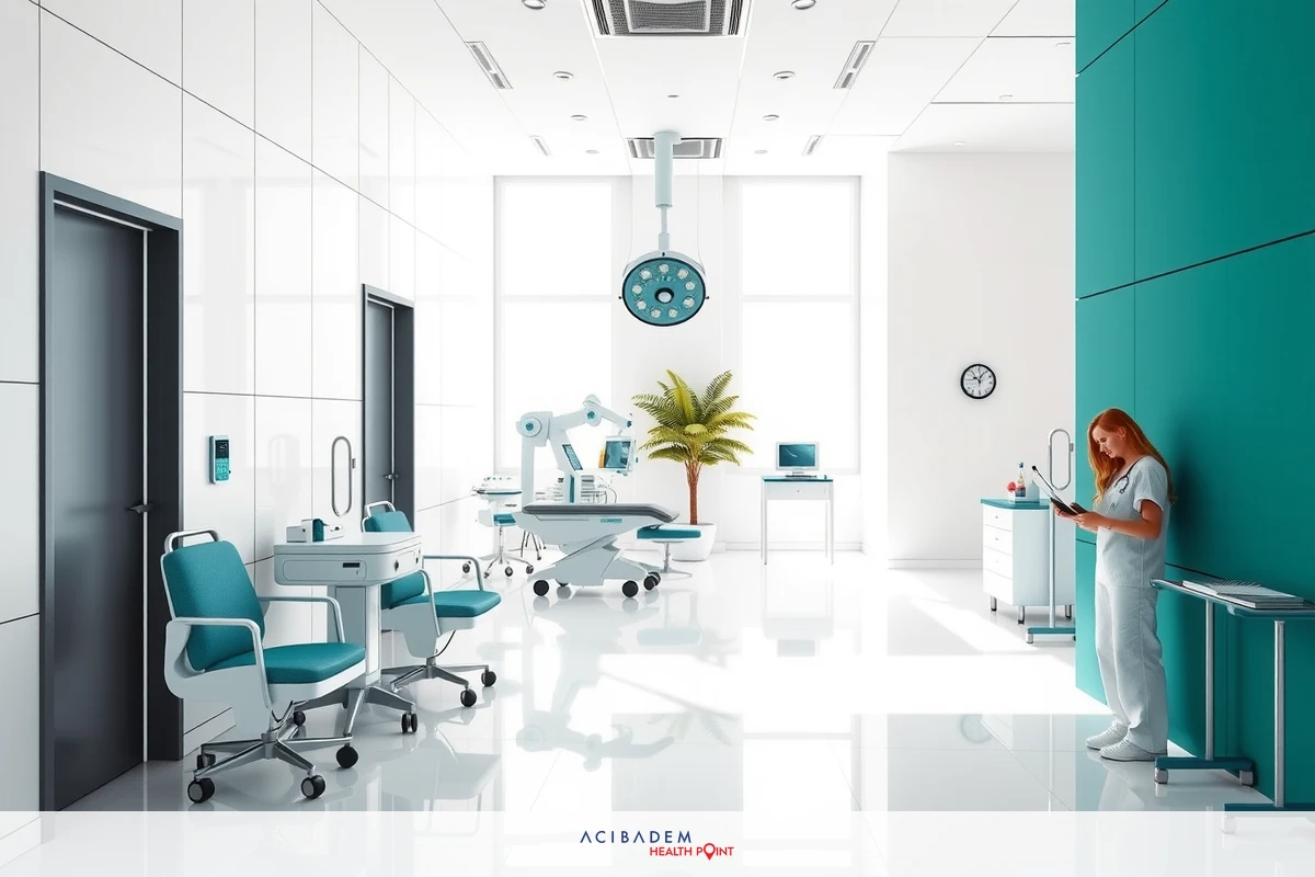 This is a modern, well-lit medical office with shiny floors and turquoise walls. There is a person wearing a white lab coat sitting at the reception desk, looking upwards. The room features high-tech equipment like a machine that appears to be for patient monitoring or examination. There's also a clock on the wall and a potted plant near the window.