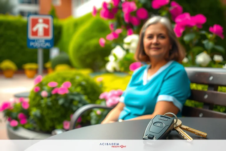 Can You Drive Home After Rhinoplasty? An older woman, possibly a patient given the blue scrubs, sitting outdoors in a garden setting. There is a bench, and she has her keys on the table in front of her.
