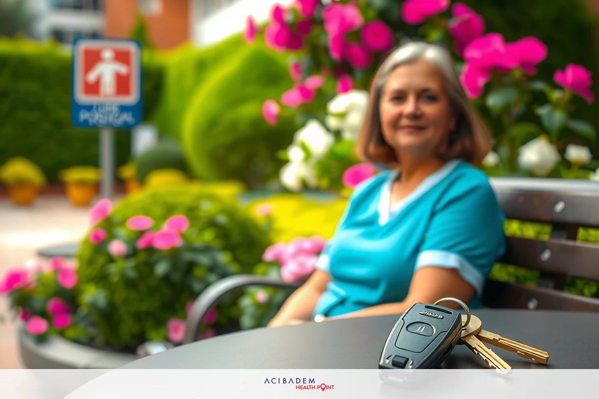 An older woman, possibly a patient given the blue scrubs, sitting outdoors in a garden setting. There is a bench, and she has her keys on the table in front of her.