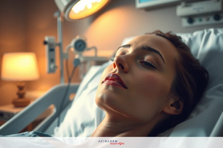 Can I Blow My Nose 1 Month After Rhinoplasty Image of a woman lying in hospital bed, looking contemplative. Her head is slightly tilted as she gazes off to the side, possibly indicating concern or worry.