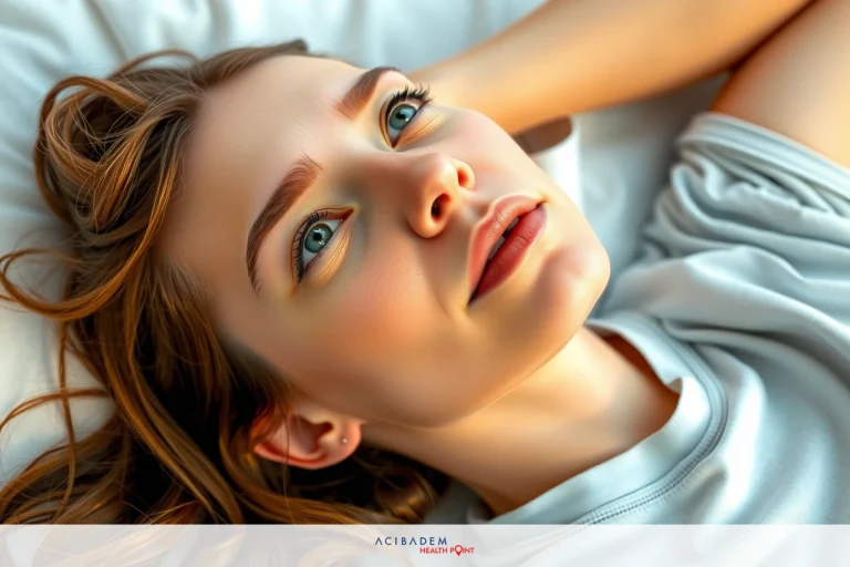 When Does Facial Swelling Go Down After Rhinoplasty The image features a woman with blonde hair lying on her back. Her eyes are looking up. She has fair skin and is wearing a short-sleeved gray top. The background appears to be an indoor setting with soft-focus but warm lighting.