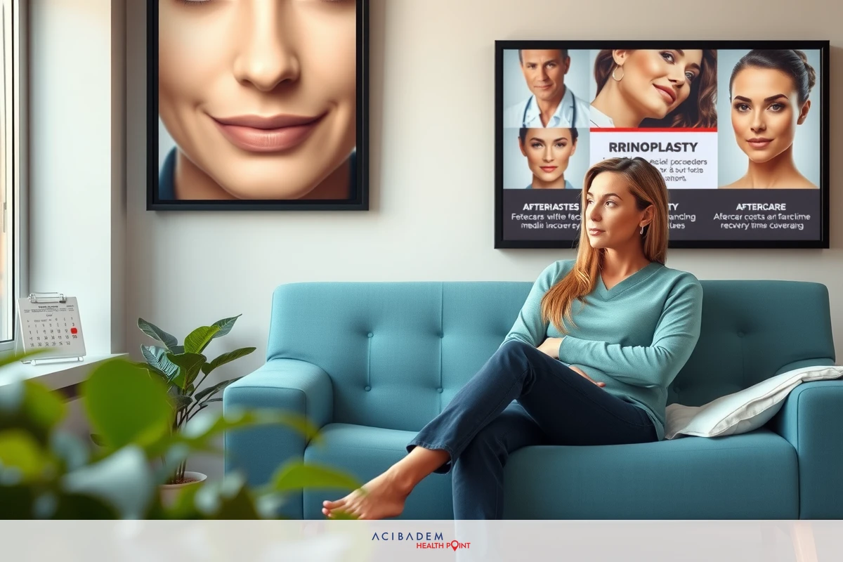 A woman relaxing on a blue couch. She is barefoot, wearing a light blue top and pants, and appears to be watching television with various beauty-related images on the screen.