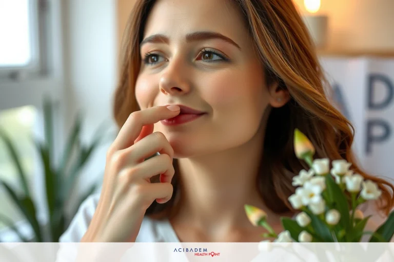 The image shows a young woman with her hand on her chin, smiling and seemingly deep in thought. She is seated at a desk or table inside a room with natural lighting. There are flowers near her that add a touch of color to the scene. Her expression suggests she may be considering something carefully, possibly a personal matter or solving a problem.