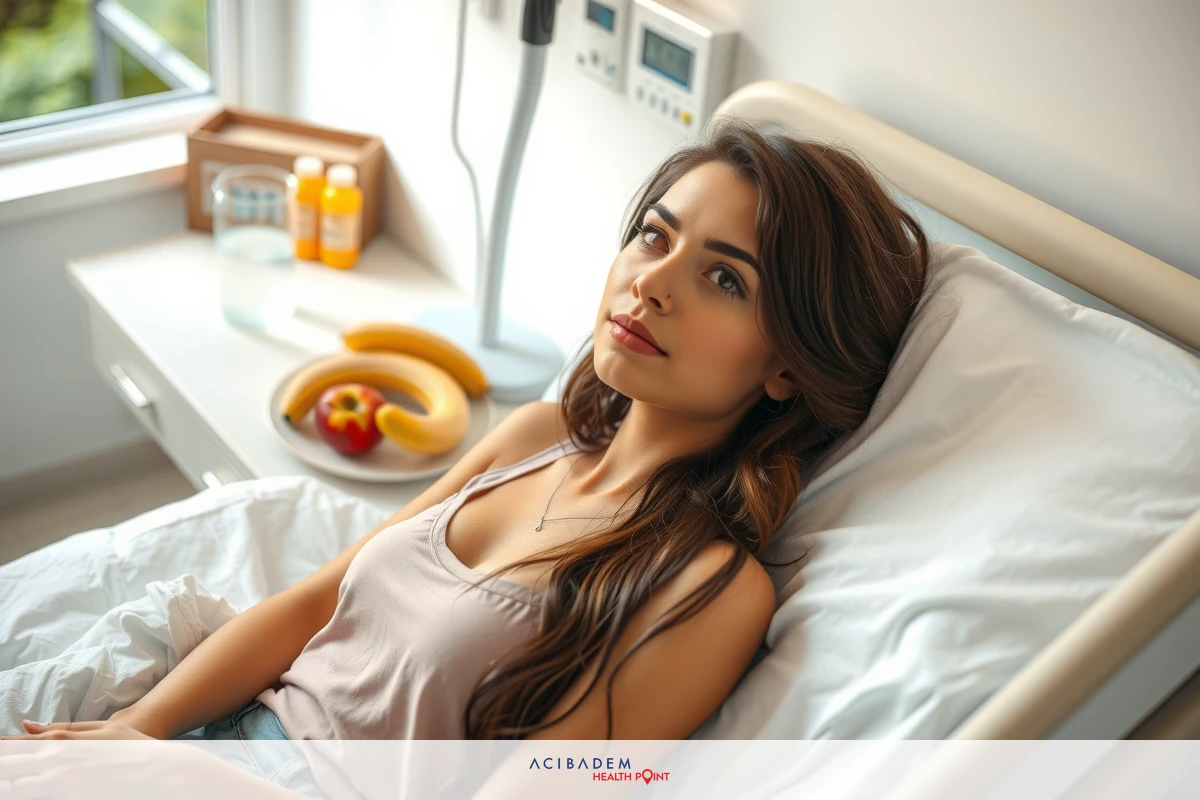 A young woman lying in a hospital bed, smiling while holding a plate of fruit. She is wearing a light-colored top and appears to be looking at the camera with her head resting on one hand. The room has bright daylight coming through the window, suggesting it's daytime.