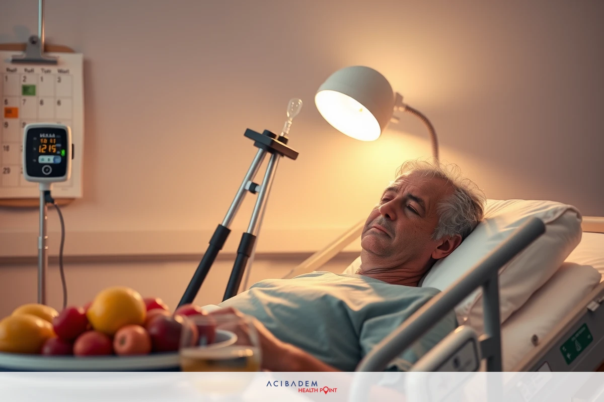 The image shows a man lying in a hospital bed. He is an older gentleman with gray hair, and he appears to be unwell or possibly recovering from an illness or surgery. The hospital room has medical equipment around him. There's also a bowl of fruit on the table beside his bed. It seems like a typical hospital setting, designed for patient comfort and care.
