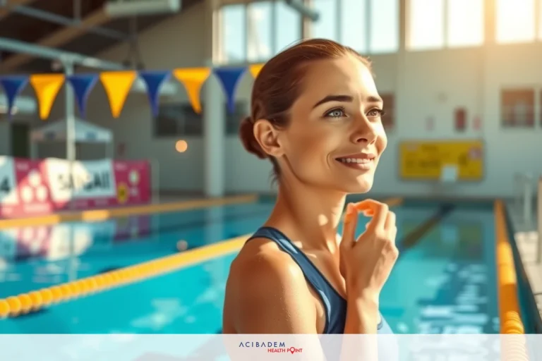 Woman in swimsuit smiling in pool, daylight setting with blue wall and yellow banners. Swimming pool environment with clear water.
