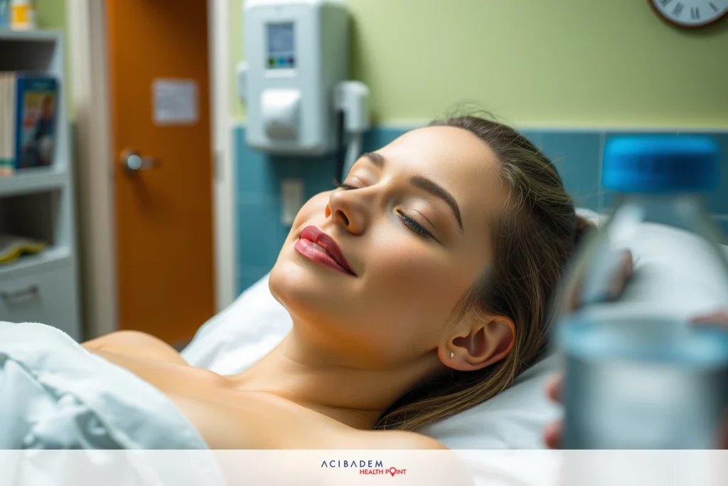 How to Recover Fast from Rhinoplasty The image is a candid, full-length portrait of a woman lying on her back in a hospital bed. She appears to be relaxed and is smiling gently at the viewer with her eyes closed. Her hair is styled in loose waves. The room has a sterile, clinical ambiance with light colors and medical equipment visible in the background. A bottle of water is held by someone out of frame, implying care or visitation.