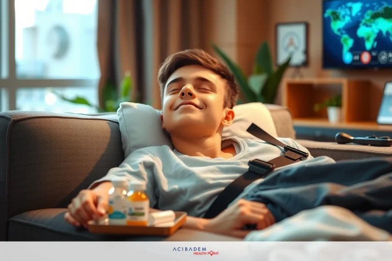 A young male smiling while lying on a couch with his eyes closed, possibly enjoying a relaxing moment or daydreaming.