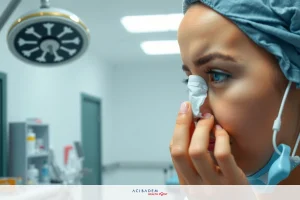 The image shows a person, likely a surgeon in an operating room. The individual is wearing surgical attire including a blue cap and white scrubs. They are focused on their work, with one hand holding a surgical instrument and the other appearing to adjust something out of view.