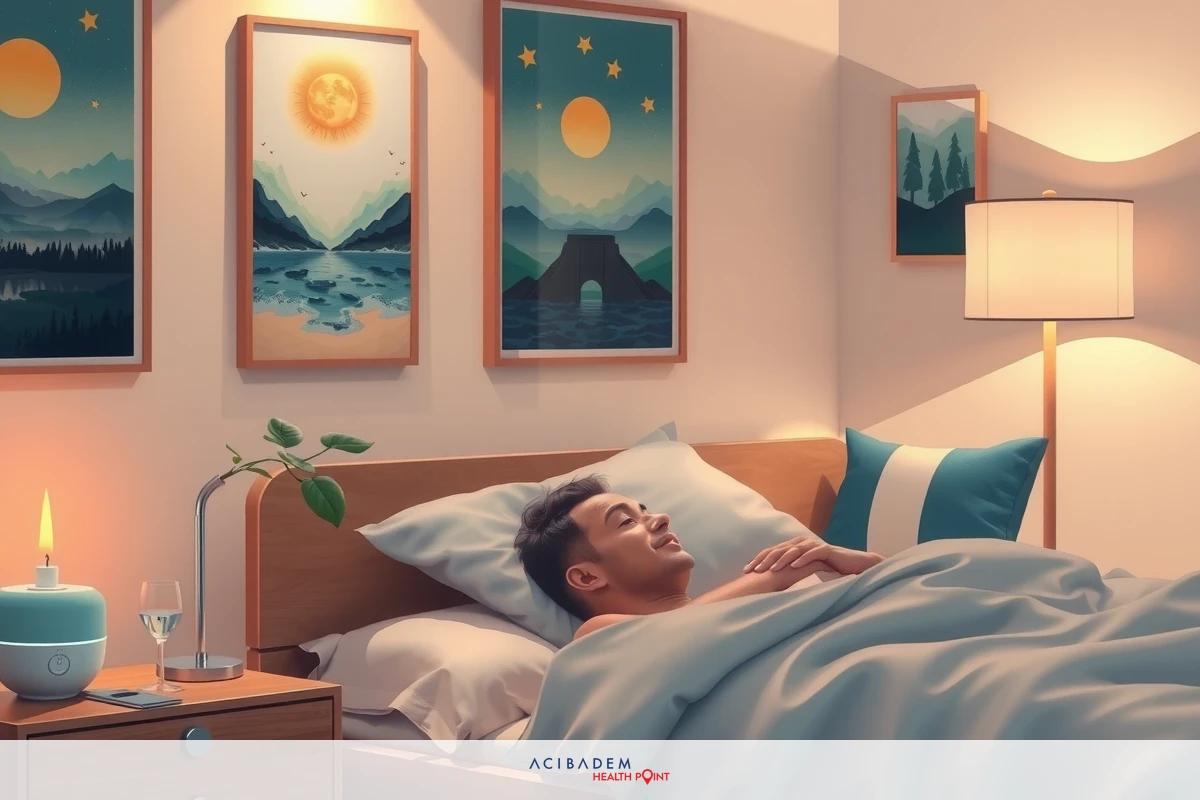 The image depicts a man lying in bed, seemingly sleeping or resting. The room is well-lit and appears to be in a cozy, nighttime setting with dim lighting. There are framed pictures of the moon on the walls, adding a serene atmosphere. The color palette consists mainly of whites, blues, and soft pastel tones. A lamp on the bedside table provides a gentle glow, enhancing the tranquil ambiance.