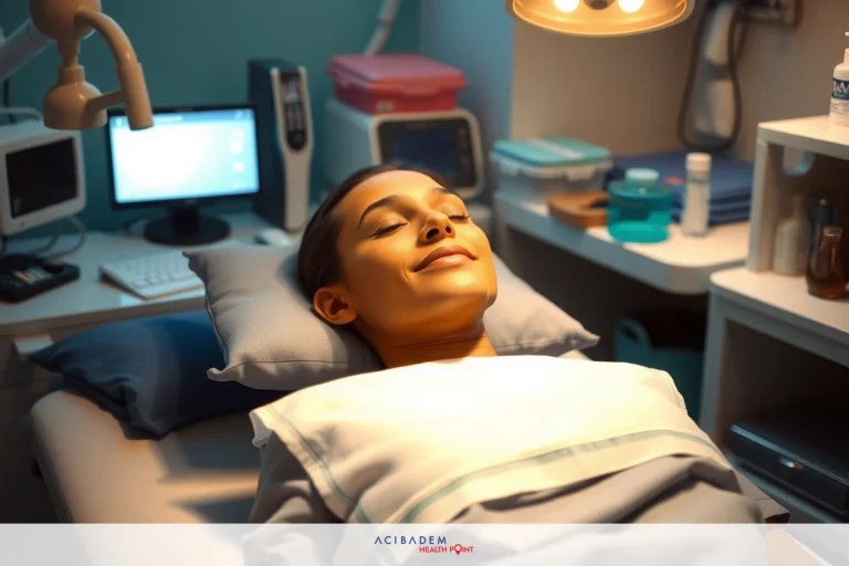 The image shows a person lying in a medical setting, likely a medical clinic. The individual is wrapped in blankets and appears to be relaxed. There's a desk with various items on it in the background, including what looks like a computer screen and paperwork.