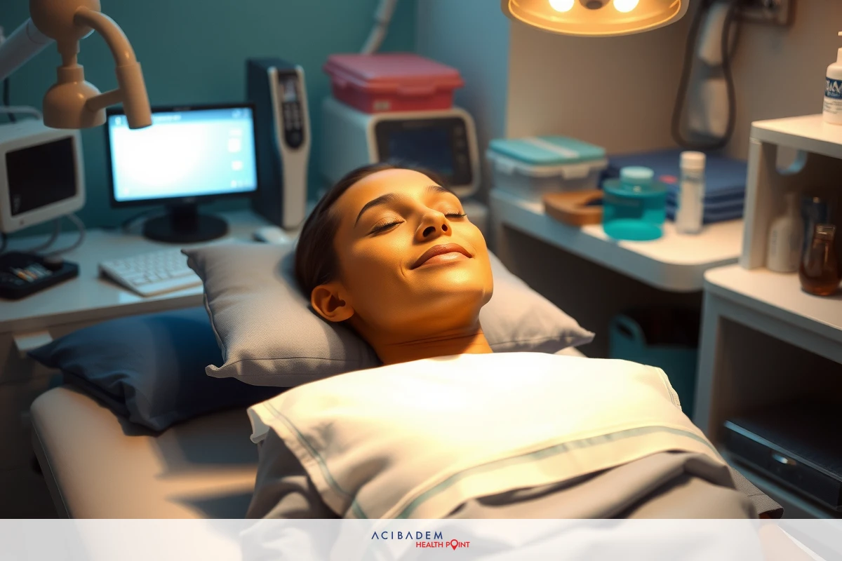 The image shows a person lying in a medical setting, likely a medical clinic. The individual is wrapped in blankets and appears to be relaxed. There's a desk with various items on it in the background, including what looks like a computer screen and paperwork.