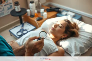 The image shows a medical setting, likely in a healthcare professional's office. There is an individual lying on their back with their head elevated and feet resting flat on the surface. Another person, who could be a healthcare provider or technician, is attending to the patient by using a stethoscope to listen to their heartbeat. The office appears well-organized, with various medical supplies and equipment visible in the background. The environment suggests that this could be part of a routine check-up or examination procedure.