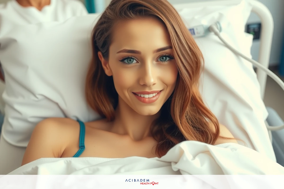 A beautiful young woman with long hair is lying in a hospital bed. She has blue eyes and is smiling, looking directly at the camera. The environment includes medical equipment around her.
