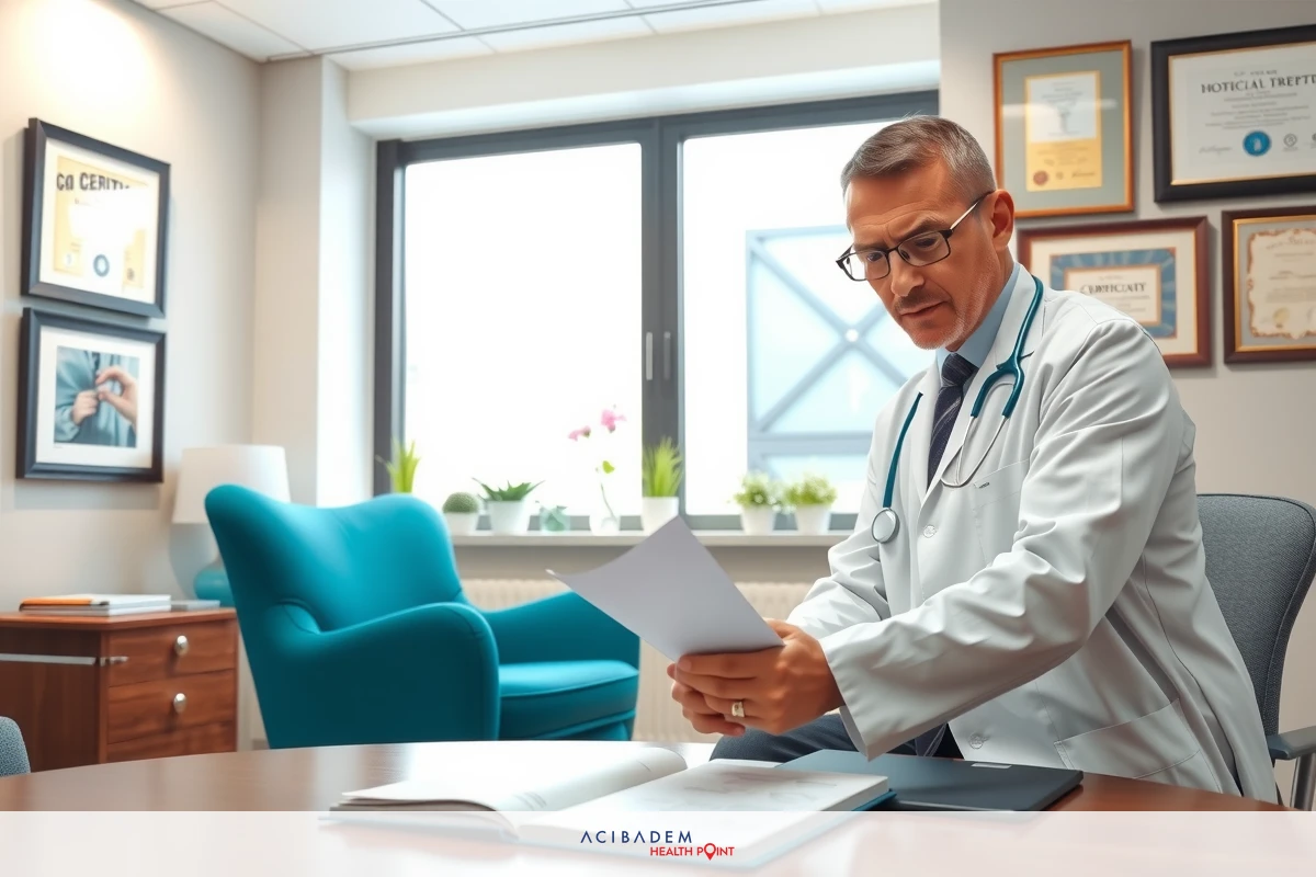 In the image, there is a man dressed as a doctor sitting at a desk. He appears to be reading a paper or a book. The setting seems to be an office environment with various books and papers strewn about, suggesting a professional atmosphere. There's no explicit information about the color scheme of the room beyond the presence of multiple books which might indicate a variety of colors from different titles.