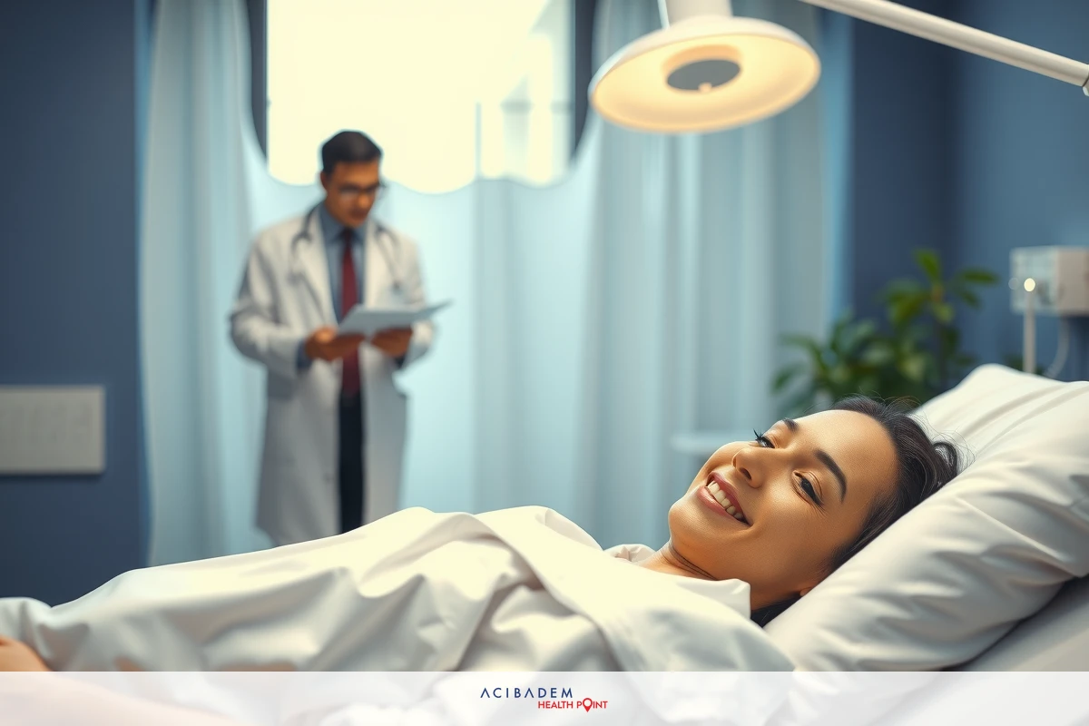 This image depicts a medical scene with a smiling woman lying on a hospital bed, likely receiving some form of care or consultation from a medical professional standing beside her. The patient is wearing a white gown and there's a sense of interaction between the two individuals. Above the woman is an illuminated light that could be used for examination, suggesting a clinical setting.