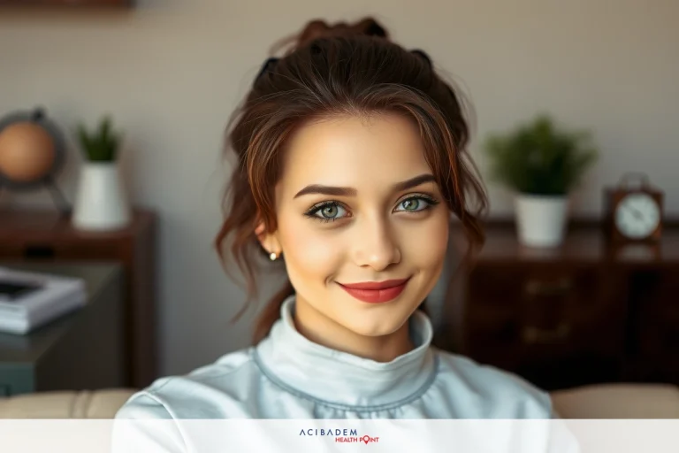 What is the Best Age to Get a Rhinoplasty? Young woman sitting in a modern living room. She has bright blue eyes, is wearing a white blouse with black accents and has her hair up. The room features decorative items like potted plants and books.