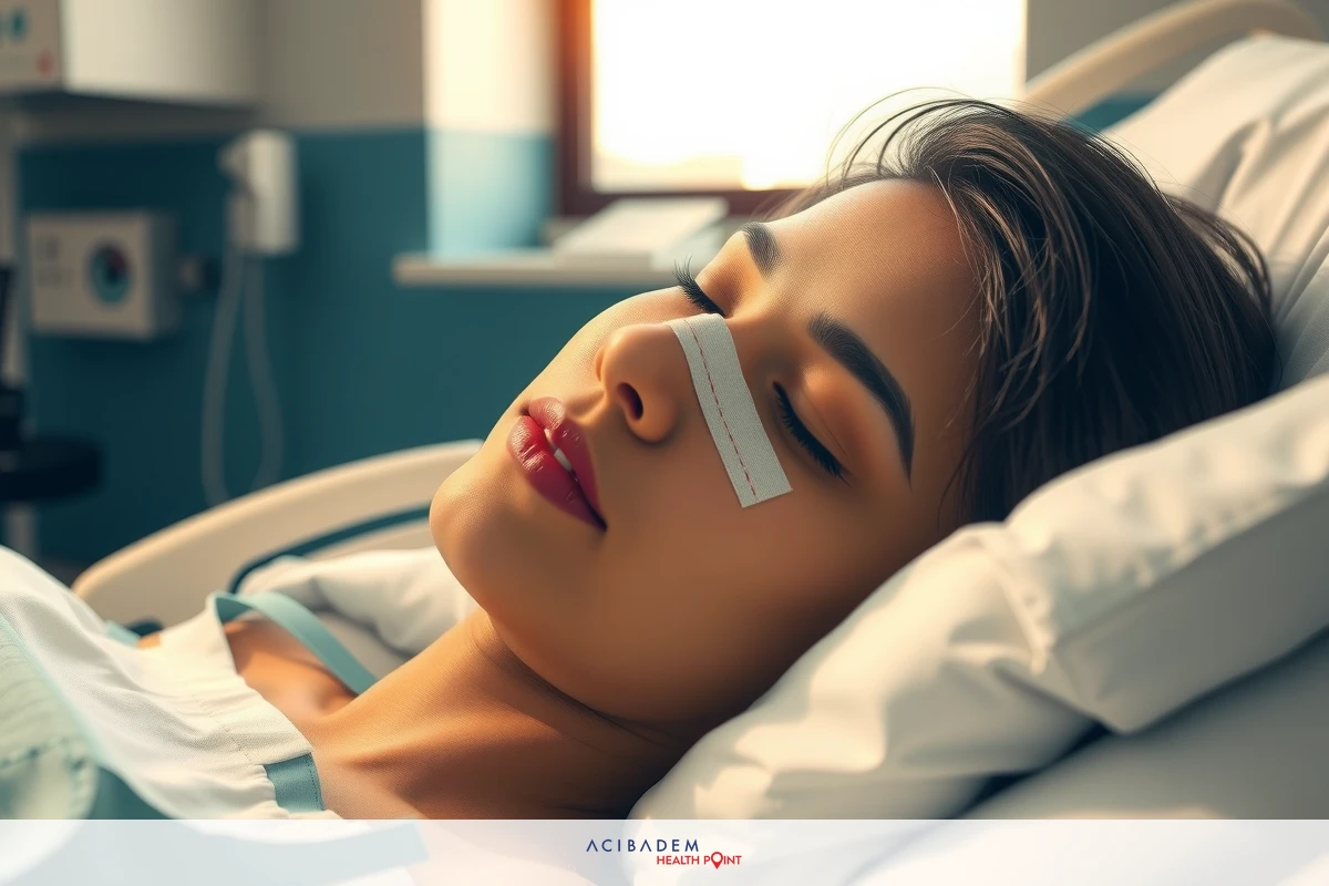 Woman in hospital lying down on a bed, likely during surgery recovery. She has a dressing over her nose, possibly due to a medical procedure.